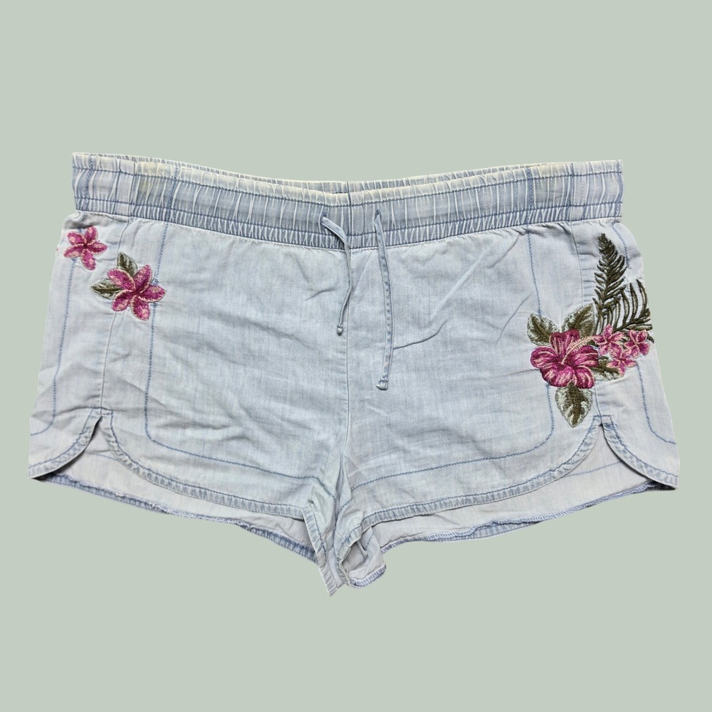 Boho Summer Embroidered Floral High Rise Shorts Womens Medium Light Blue Express